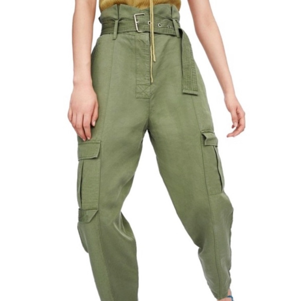 Zara Green Cargo Tie Belt Paperbag Pant